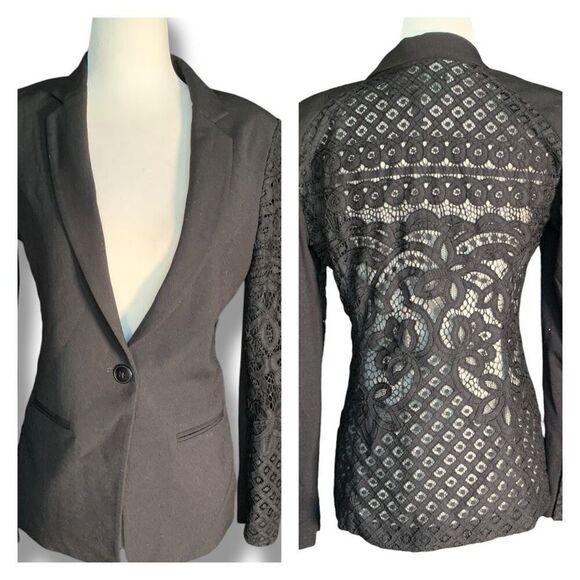 BCBGMAXAZRIA Keanu Black Lace Sleeve Sheer Back Tailored Hourglass Blazer Jacket - Picture 2 of 12